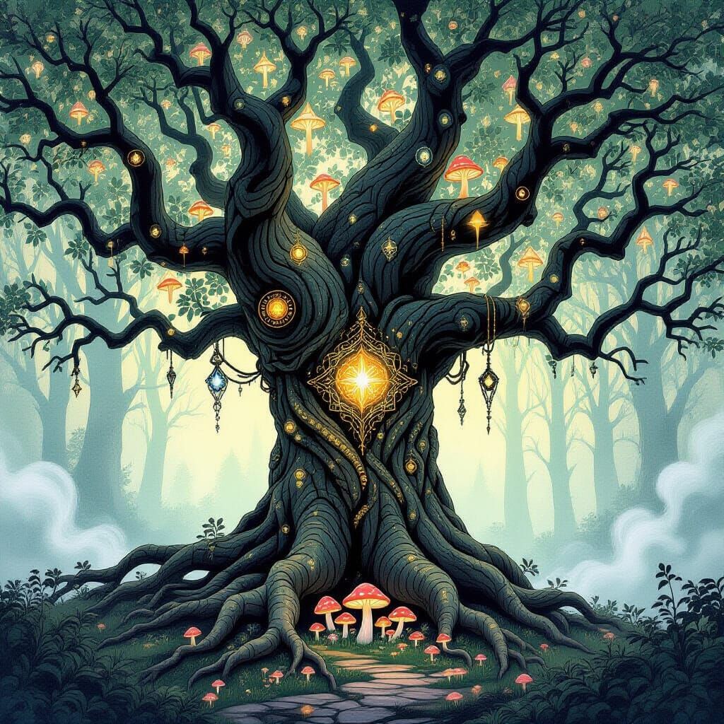 Ancient Tree of Wisdom with Celestial Patterns and Hidden Fo...