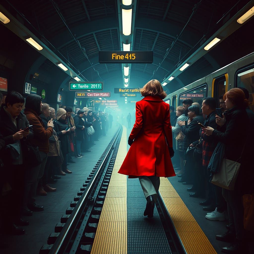 Woman in Red Coat at Train Station, in Cyberpunk Style