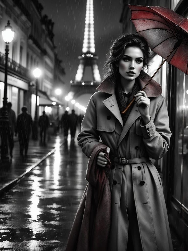 Woman on Rainy Paris Street in Moody Portrait