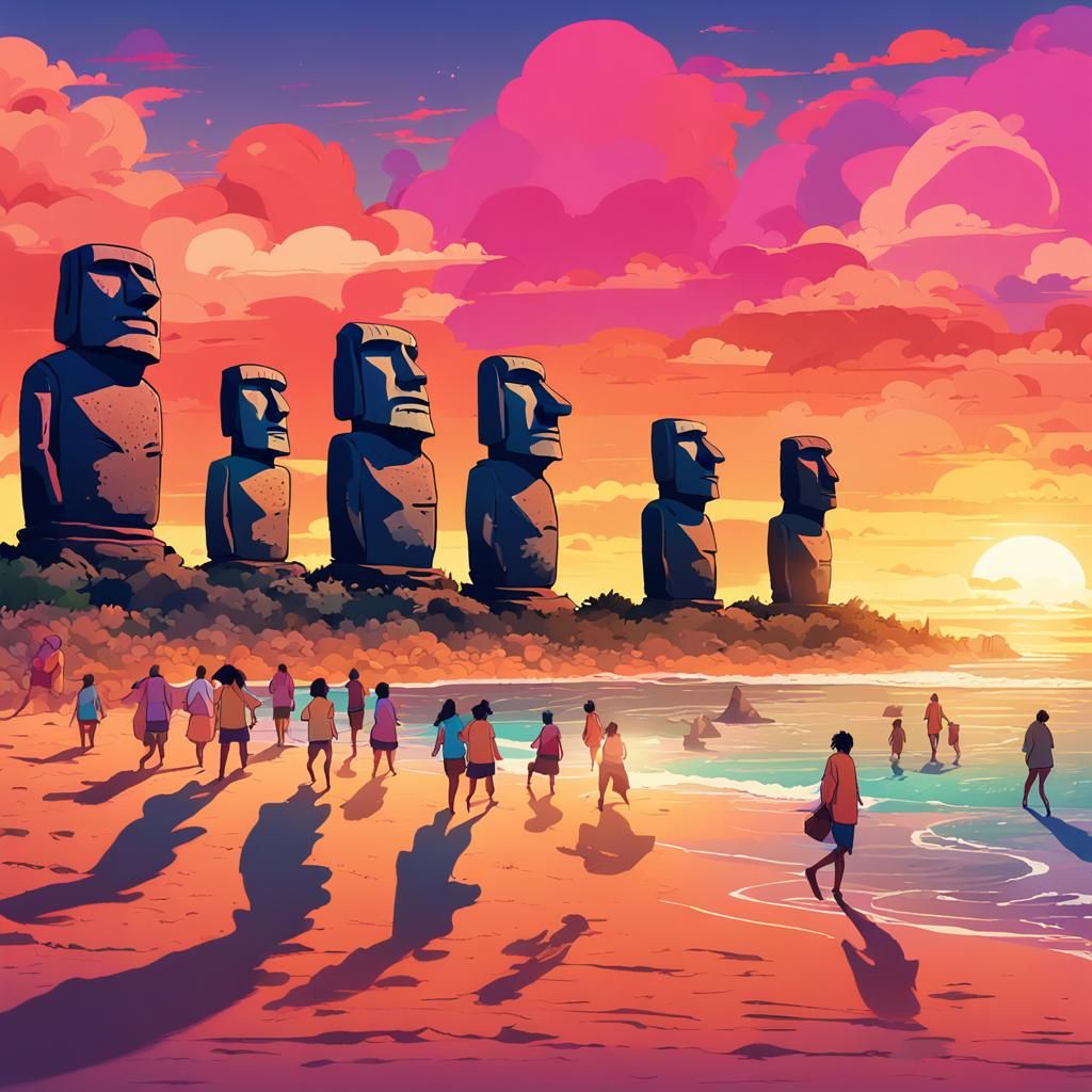 Moai Dance Party: Vibrant Anime Beach Scene