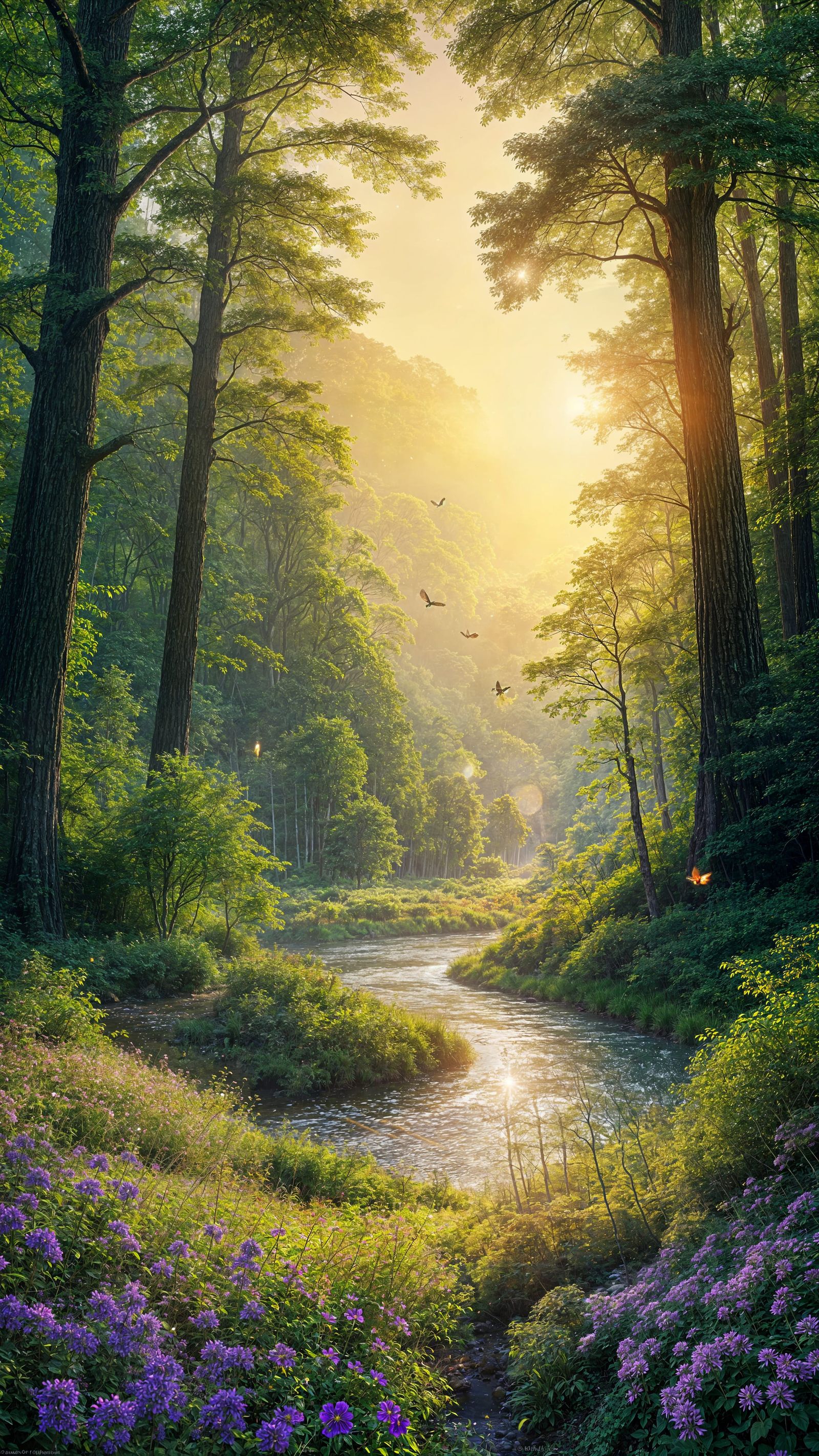 Surreal Sunrise in a Vibrant, Magical Forest