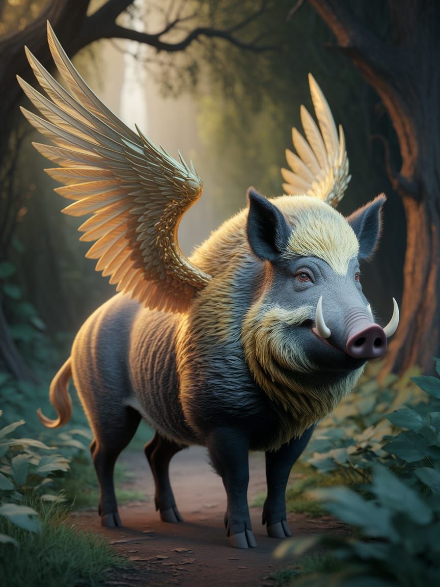 Majestic Golden Boar with Wings in Enchanted Forest