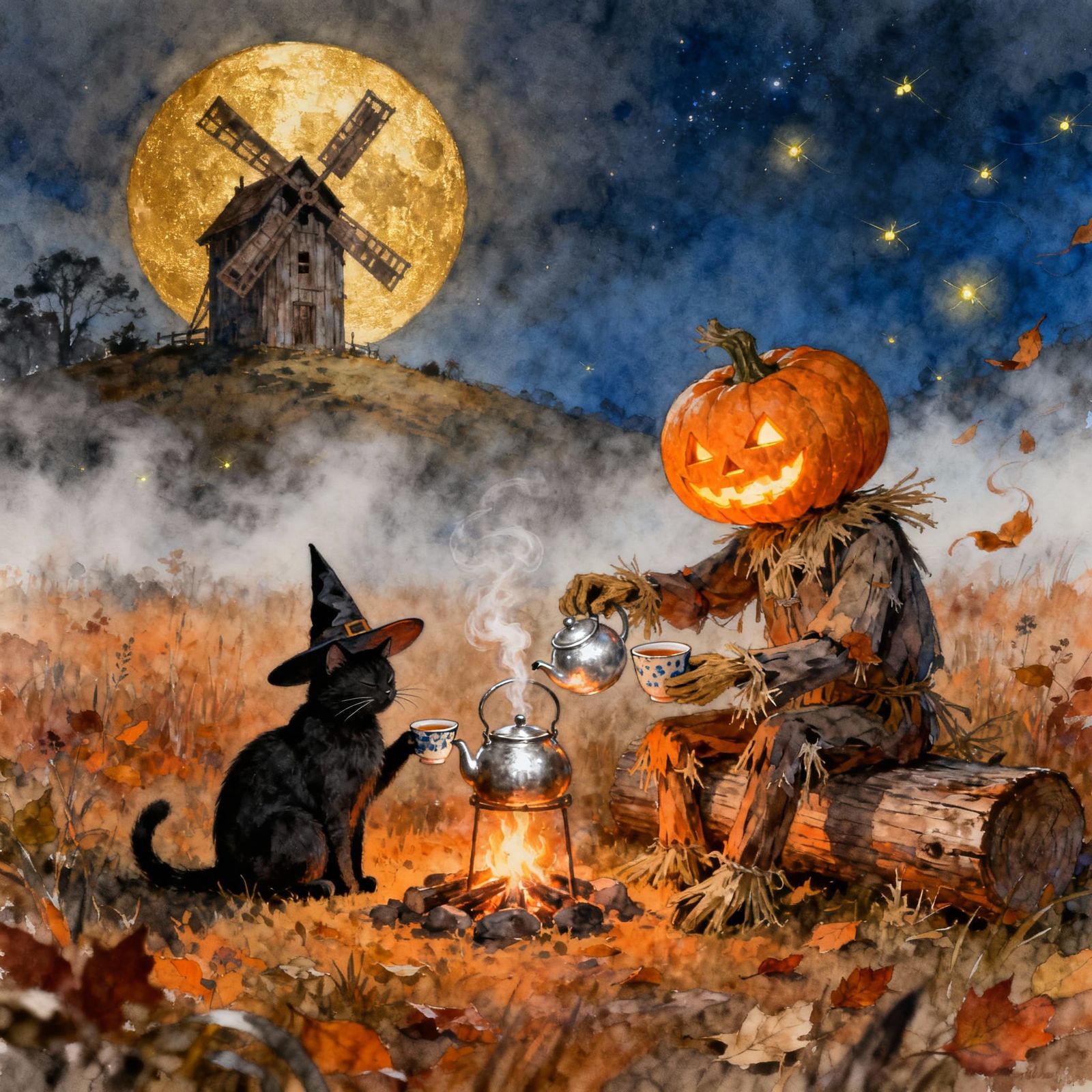 Fairytale Halloween Night: Scarecrow Pours Tea for Cat