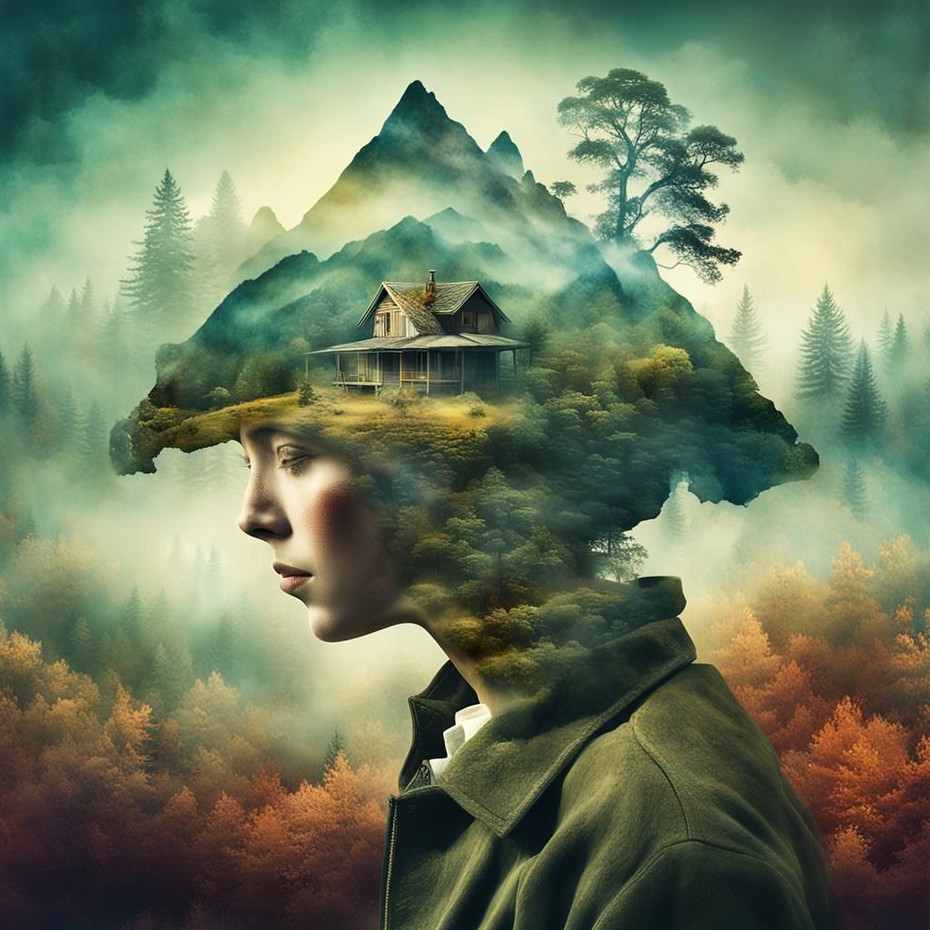 Surreal Double Exposure Portrait with Dreamlike Landscape