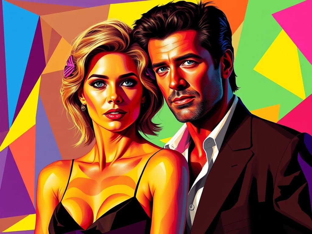Iconic Grease Duo in Vibrant Pop Art and Glitch Style