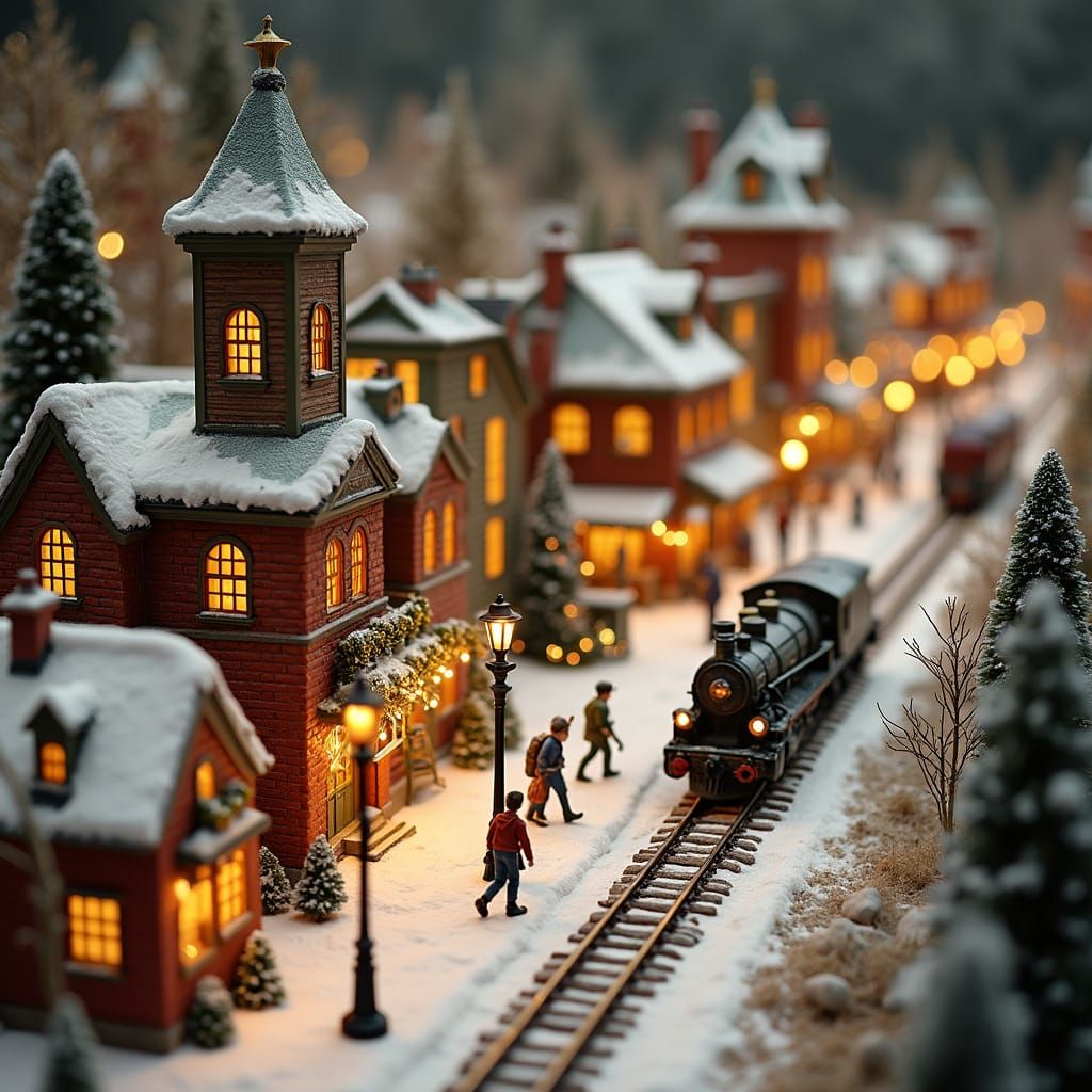 Miniature Christmas Town Scene in Folk Art Style