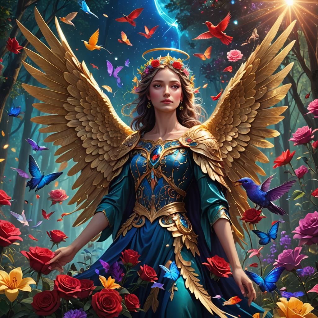 Radiant Angel with Golden Wings in Floral Forest