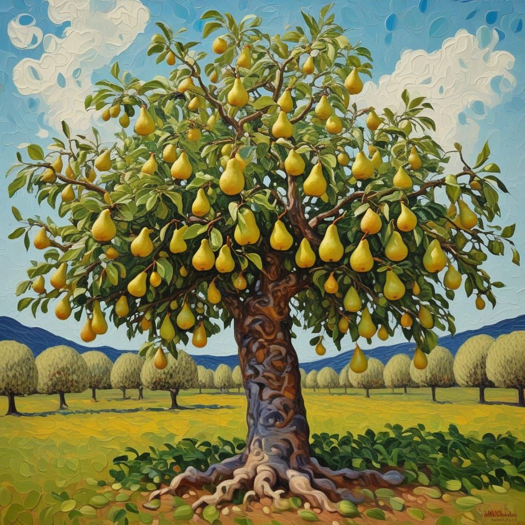 Ethereal Impasto Landscape of a Pear Tree in a Whimsical Dre...