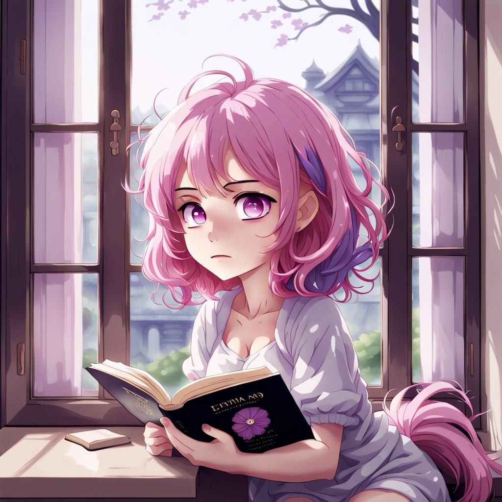 Pink-Haired Woman Reading: Chibi Anime Style