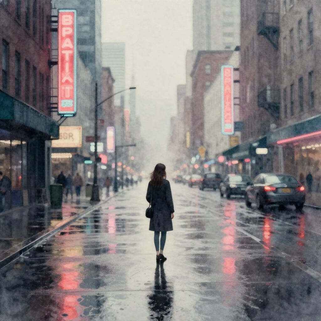 Woman on Wet Street at Dusk in Neon Metropolis