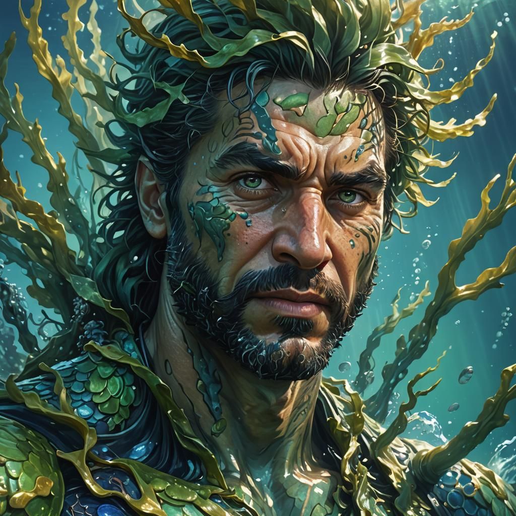 Fierce Ocean Man in Underwater Splash Art