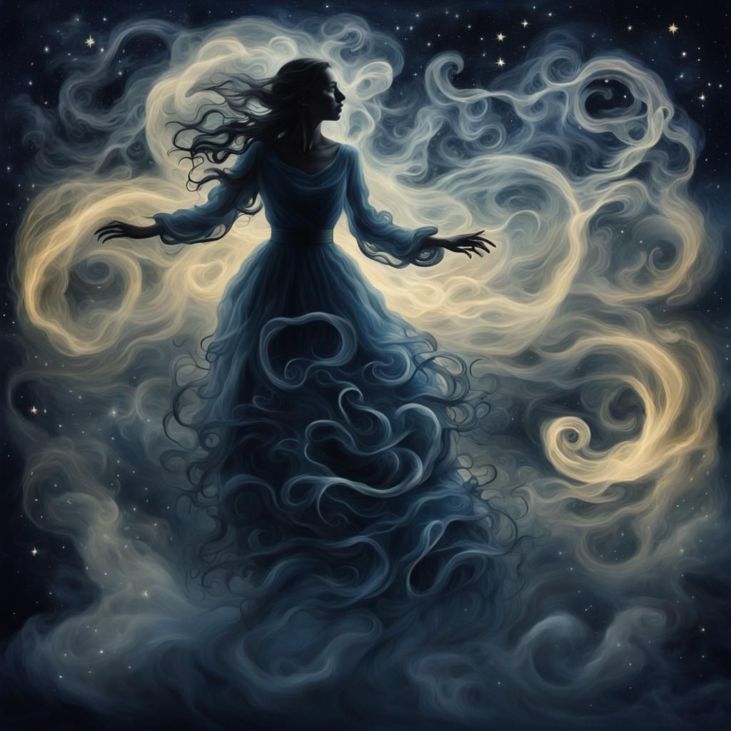 Smoky Ghost Woman Dancing in Starry Night Sky