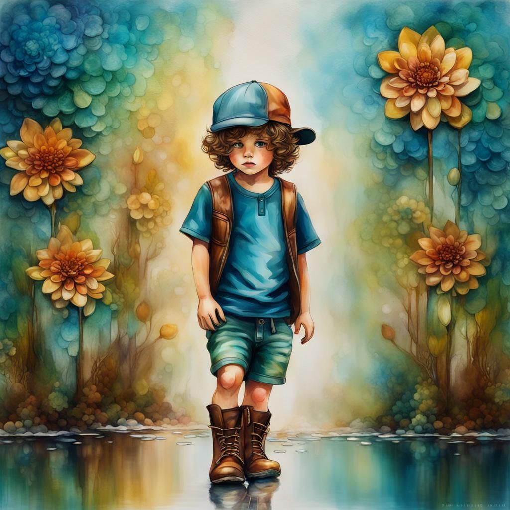 Boy with Curly Hair in Wet Oil and Alcohol Ink