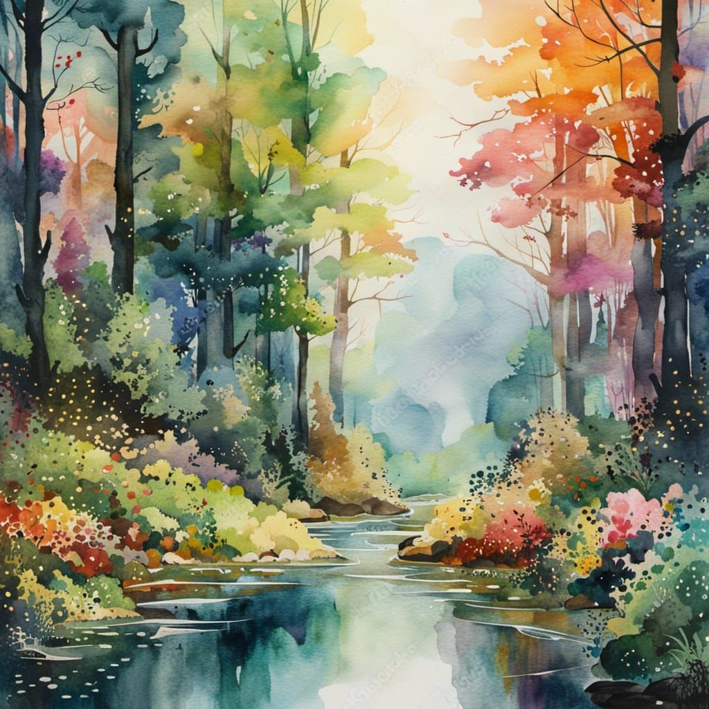 Peaceful Forest in Runny Watercolor Style
