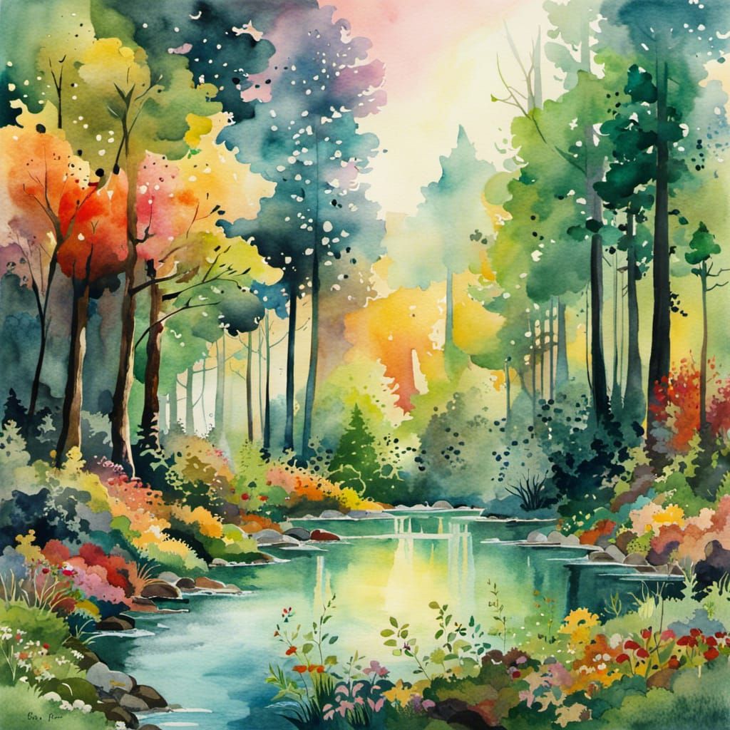 Peaceful Forest in Runny Watercolor Art
