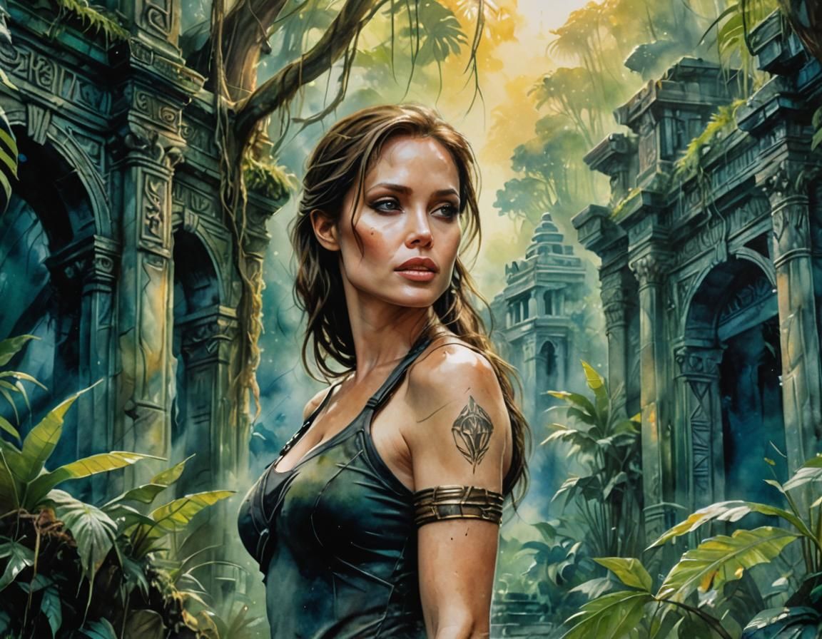Lara Croft in Jungle Temple: Watercolor Art