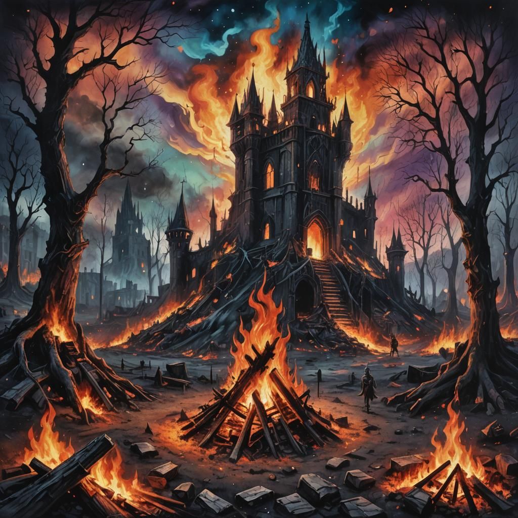Bonfire in Ruined Dark Souls Landscape