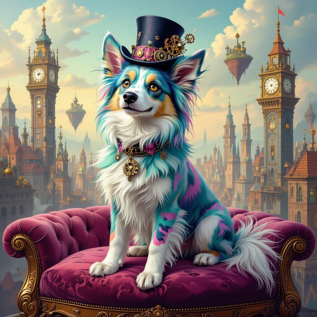 Pastel Gothic Dog in Steampunk Cityscape