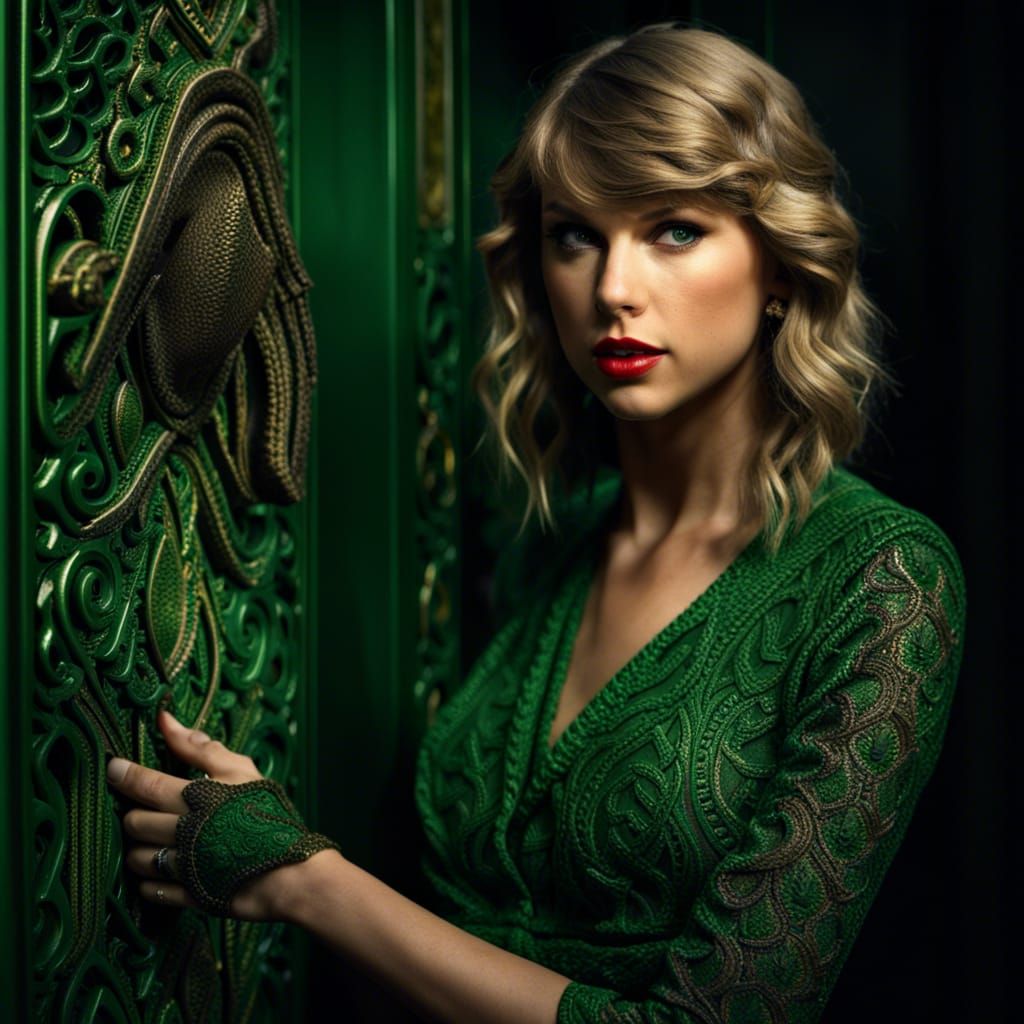 Taylor Swift as Green Saint: Hyperrealistic Portrait