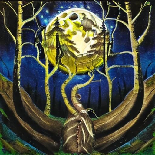 Forest Goddess in Moonlight: Abstract Impasto Painting