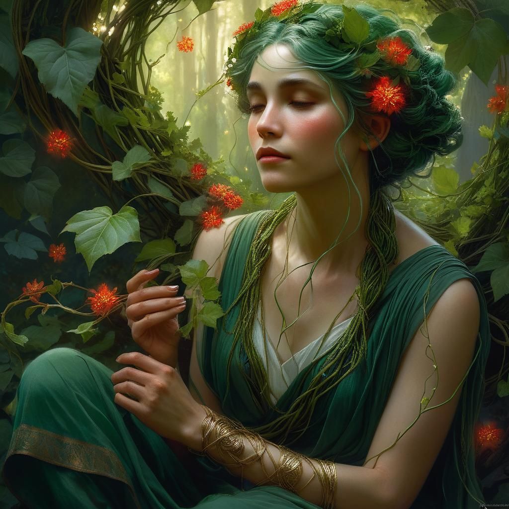 Majestic Dryad in Mythical Forest, Pre-Raphaelite Style