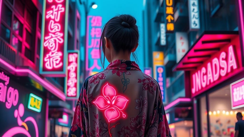 Indonesian Woman in Neon-Lit Cyberpunk Jakarta