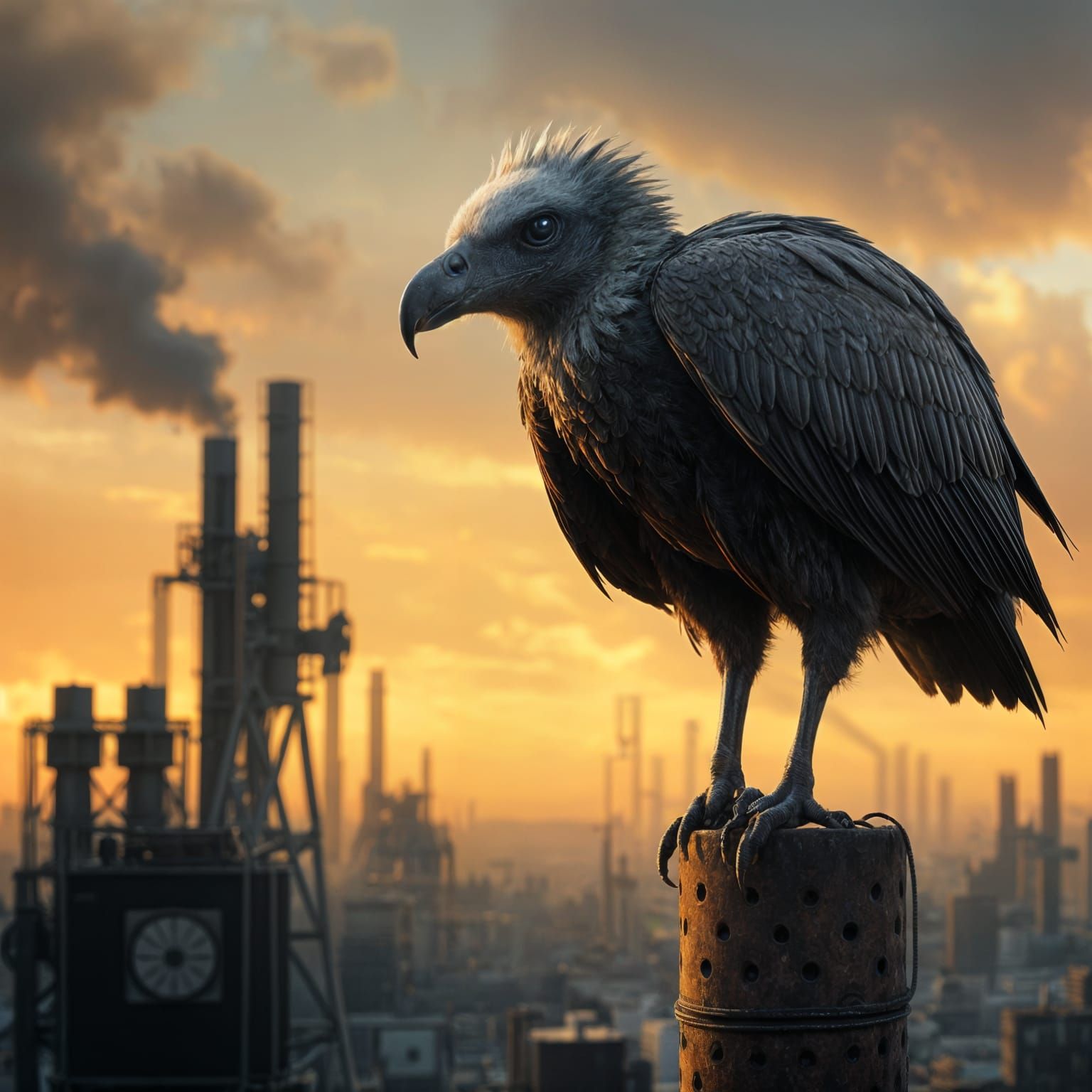 Surreal Vulture Perched atop Industrial Cityscape
