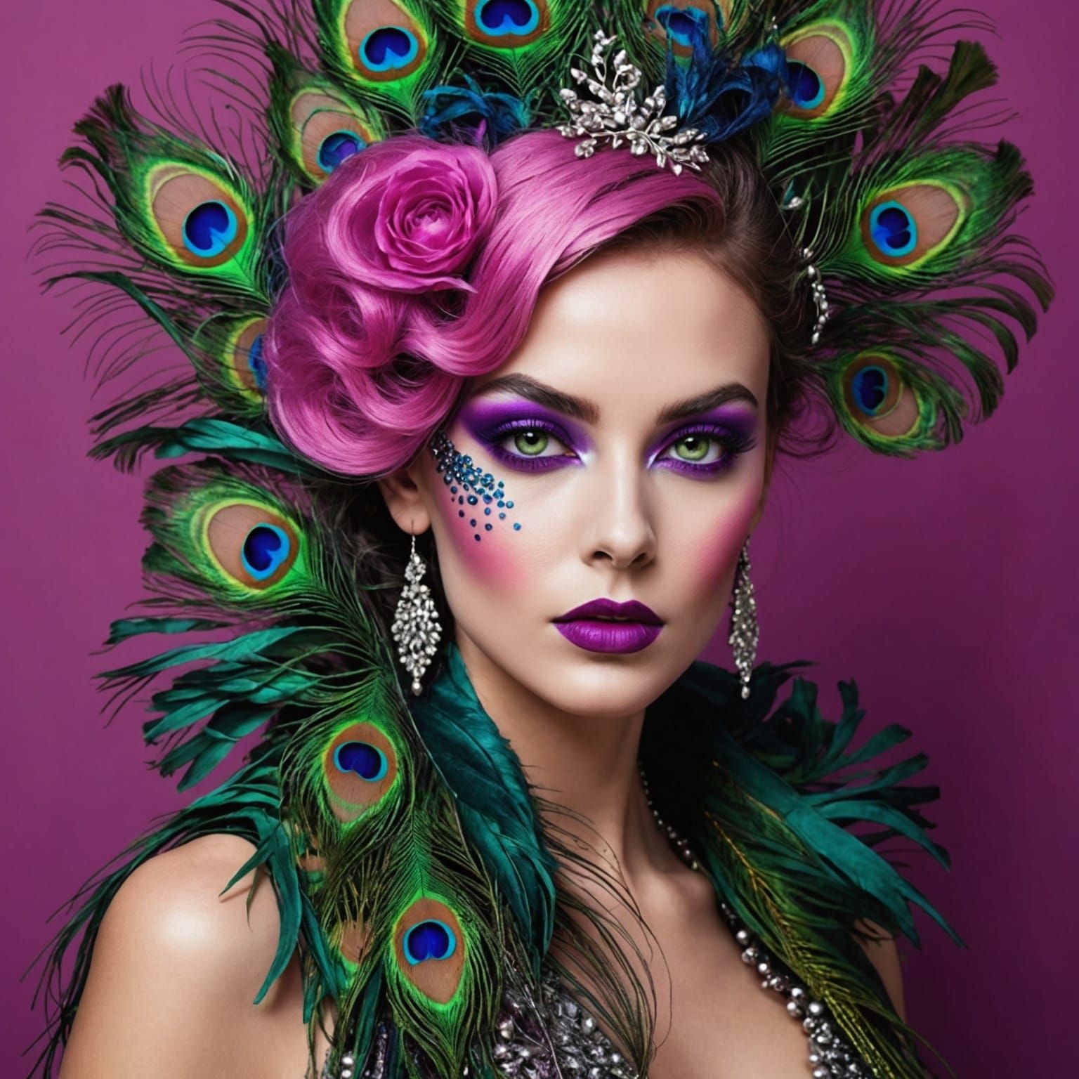 Woman with Peacock Feathers Hair in Abstract Art