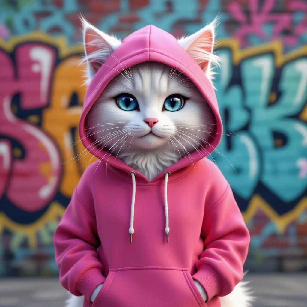 3D Render of White Cat in Pink Hoodie Against Graffiti Wall