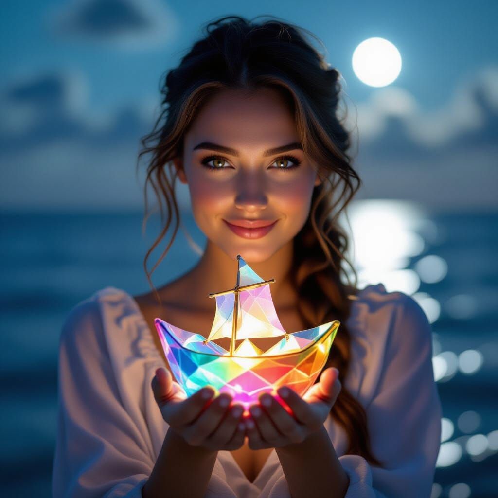 Edwina Holds Crystal Ship Under Moonlight