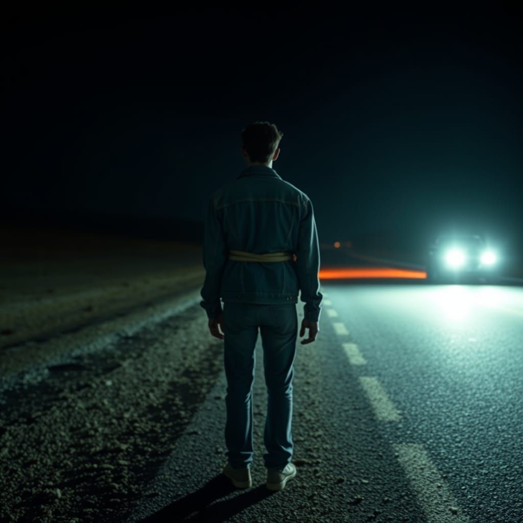 Hitchhiker in Straitjacket on Deserted Road