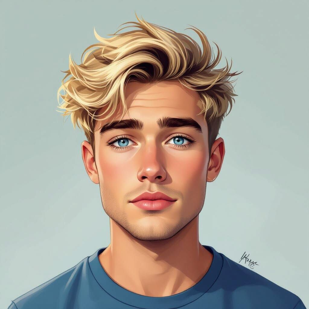 Young Man with Striking Blue Eyes and Blonde Hair