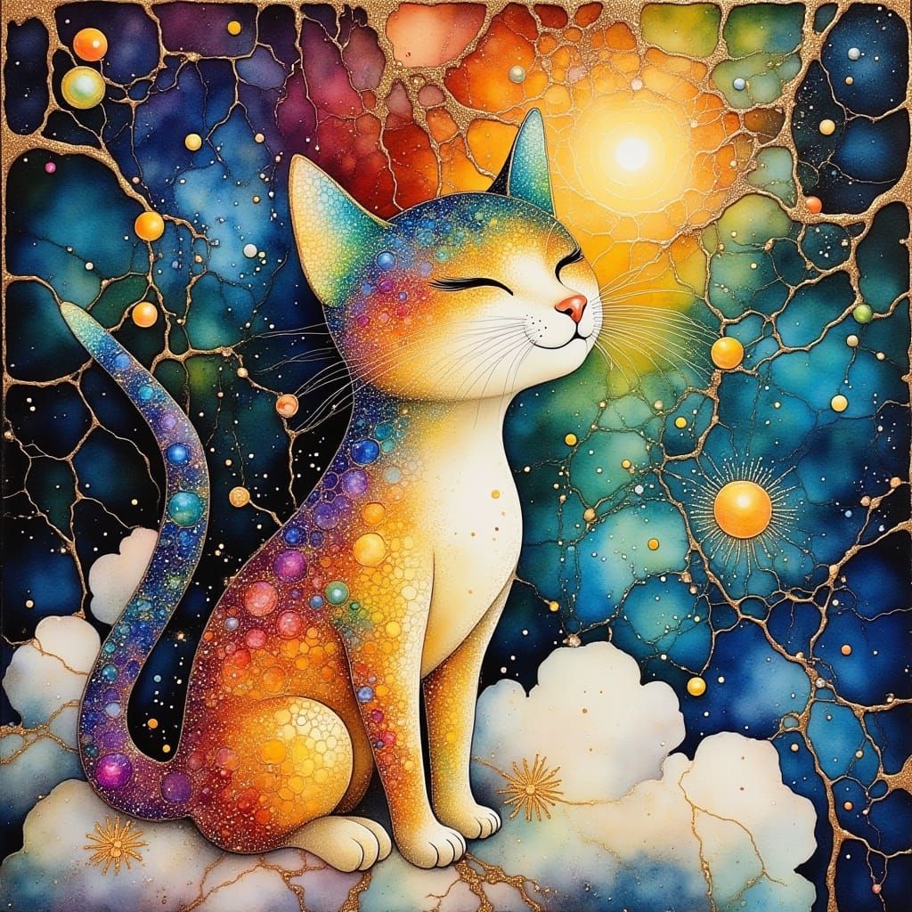 Surreal Whimsical Cat in a Glitchy Watercolor Dreamscape