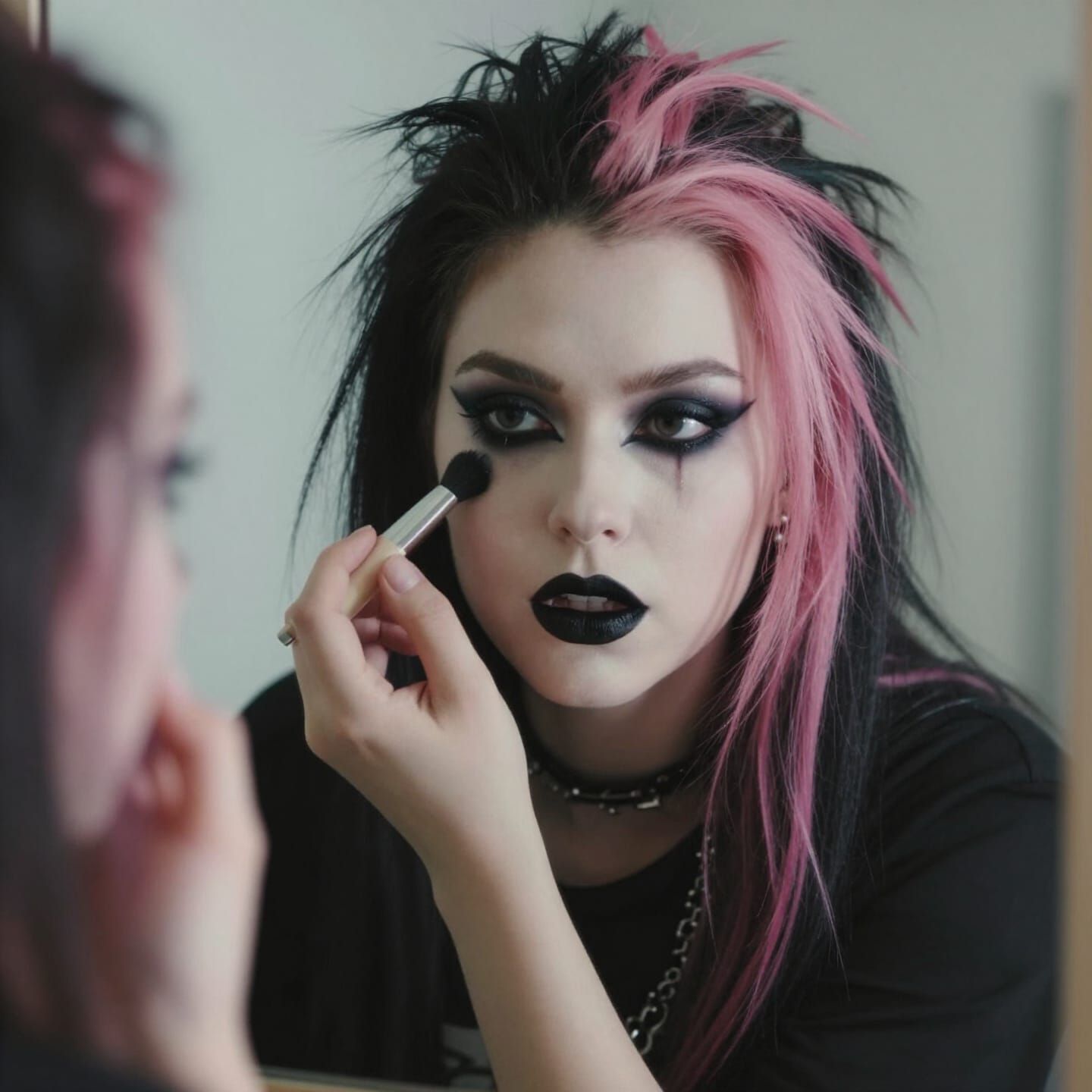 Punk Girl With Pink Hair Applying Makeup in Mirror