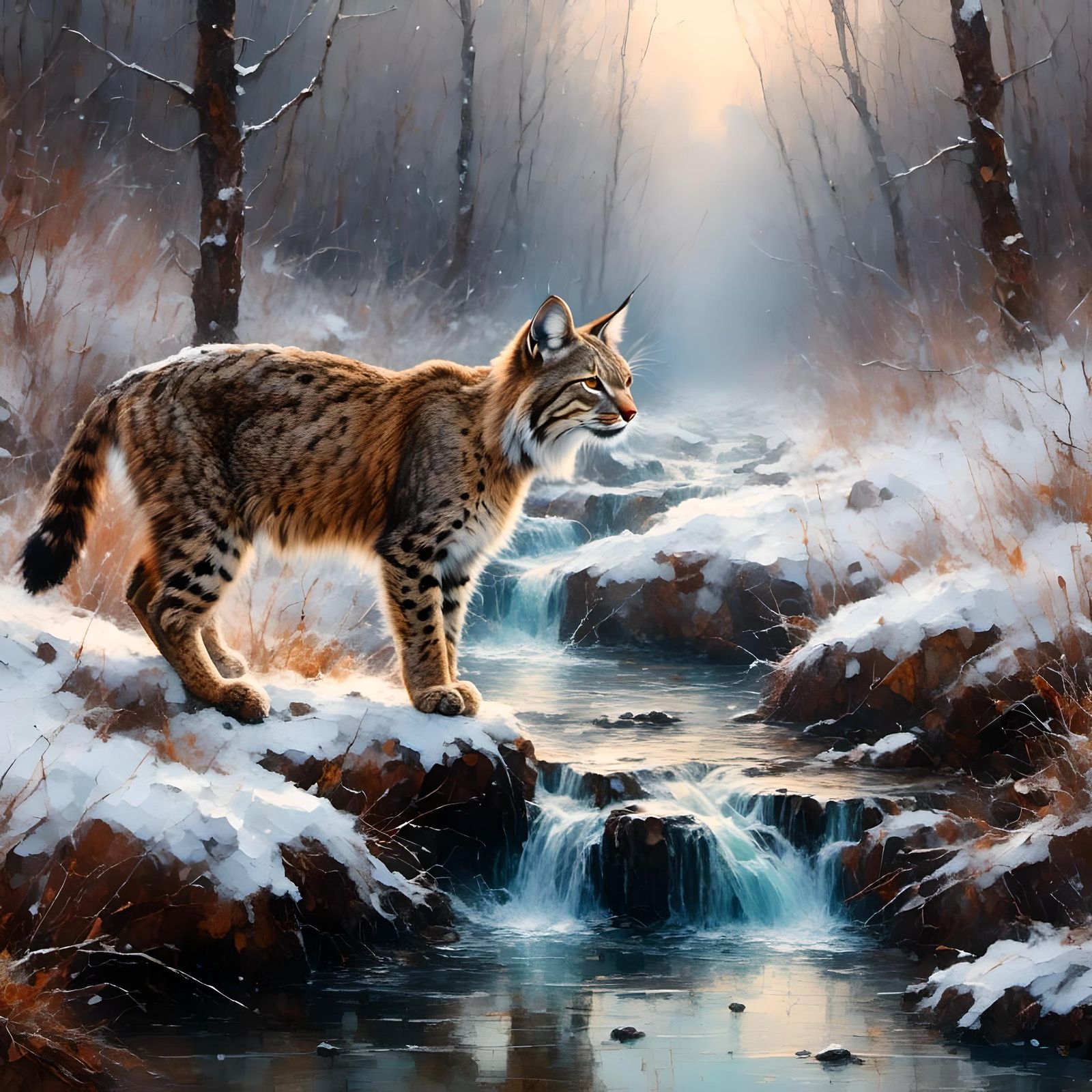Bobcat Drinks During Blizzard: Oil Painting