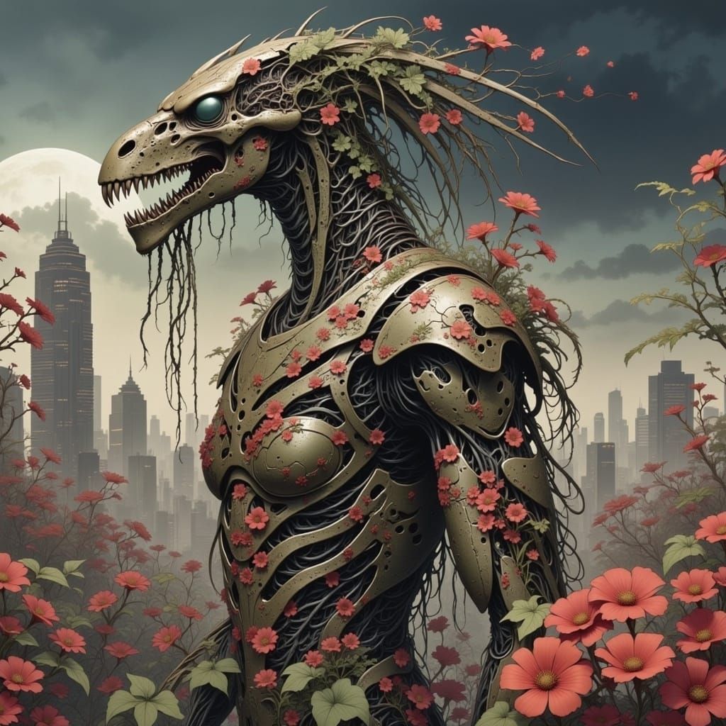 Cyborg Pharaoh in Overgrown Egyptian Cityscape