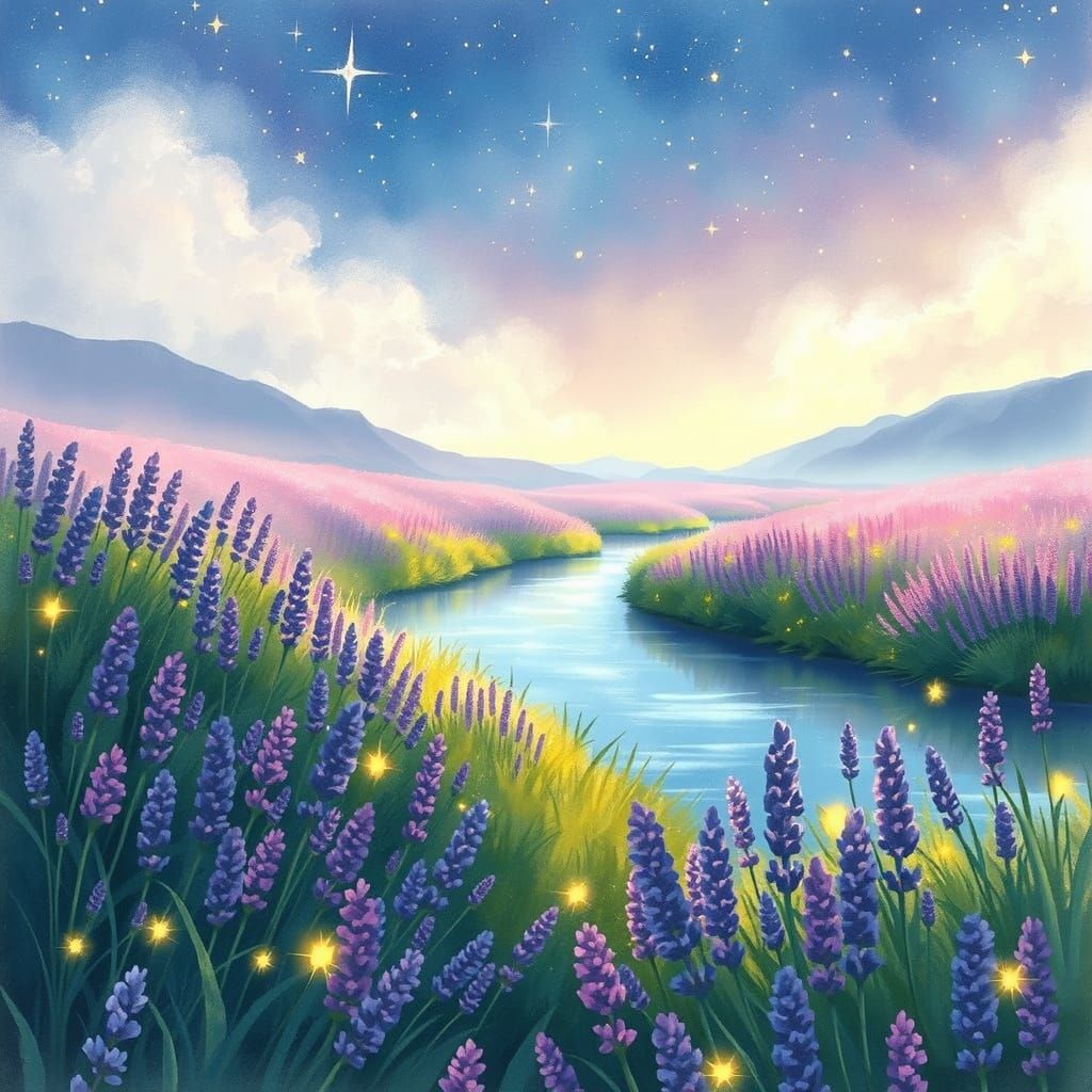Lavender Field Under Stars in Studio Ghibli Style