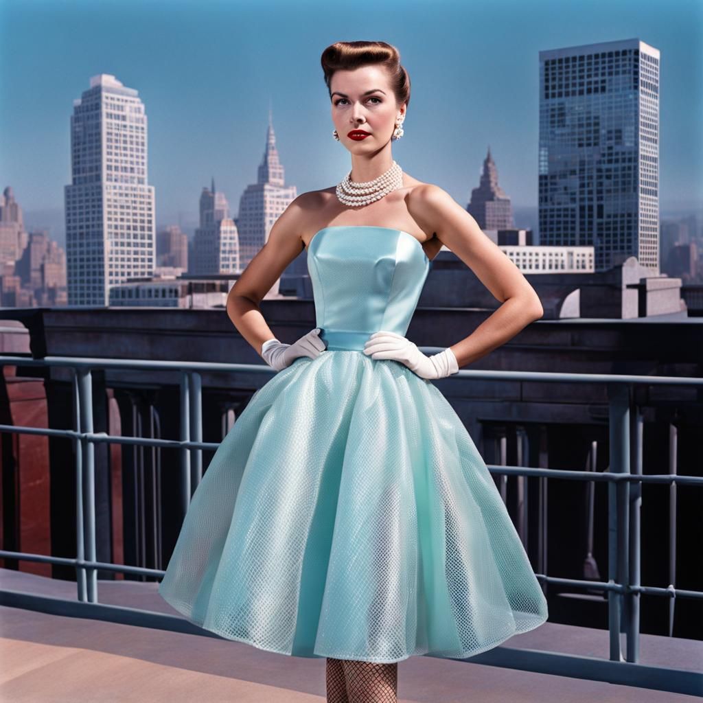 Woman in Dior Pastel Party Dress, 1950s Style