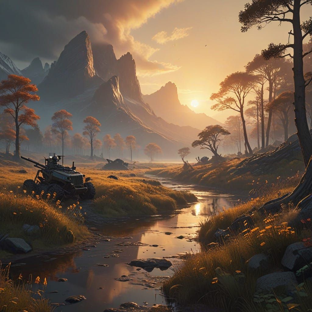 Golden Sunset in Mystical Landscape with Soft Mist and Intri...