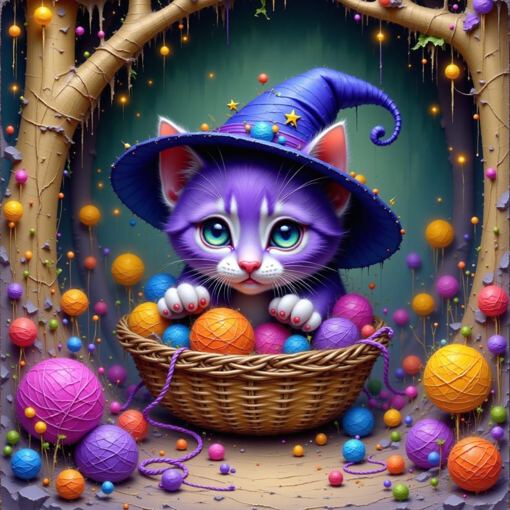 Whimsical Kitten in Fantasy Cottage, Watercolor Style