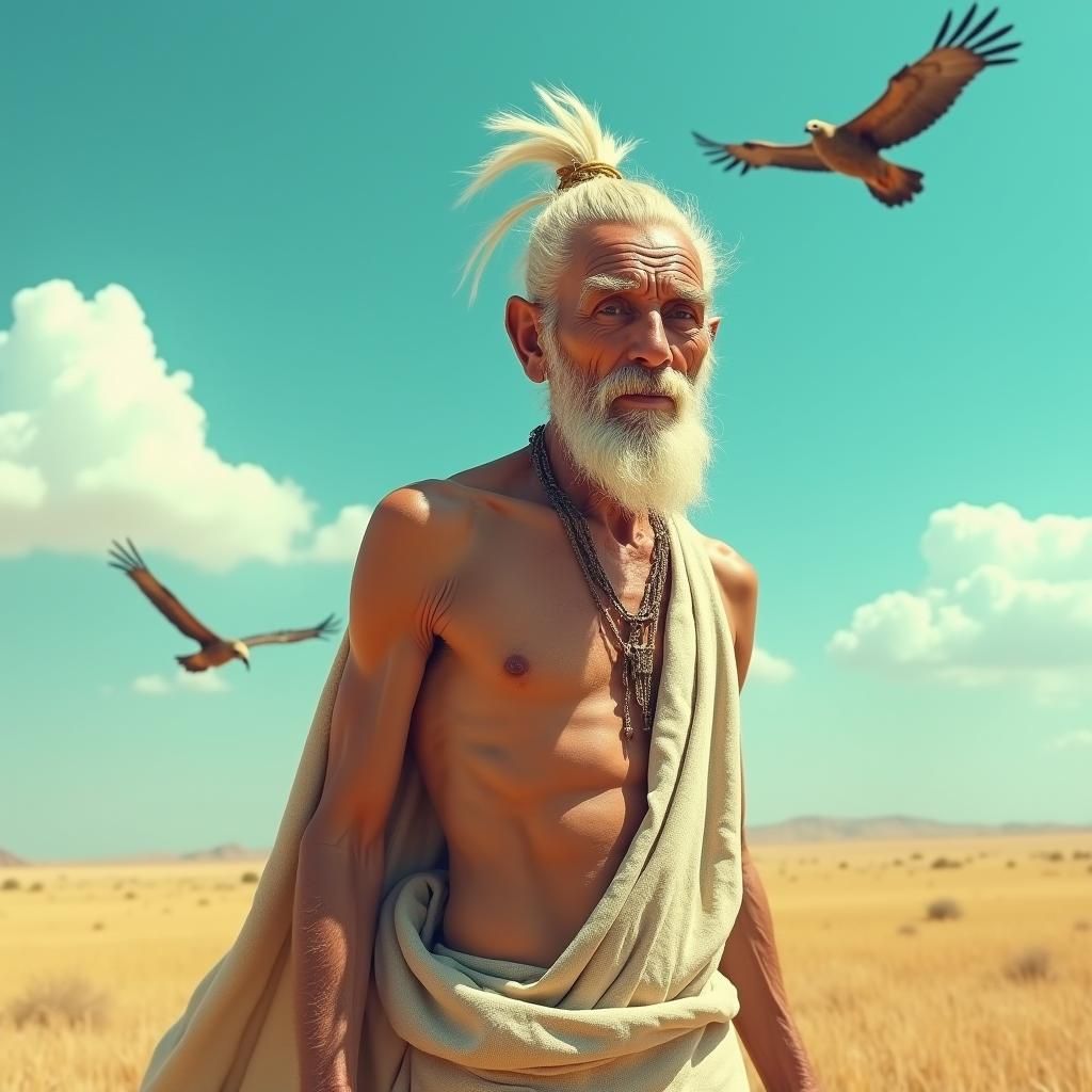 Sun-Scorched Man in Arid Landscape, Digital Art