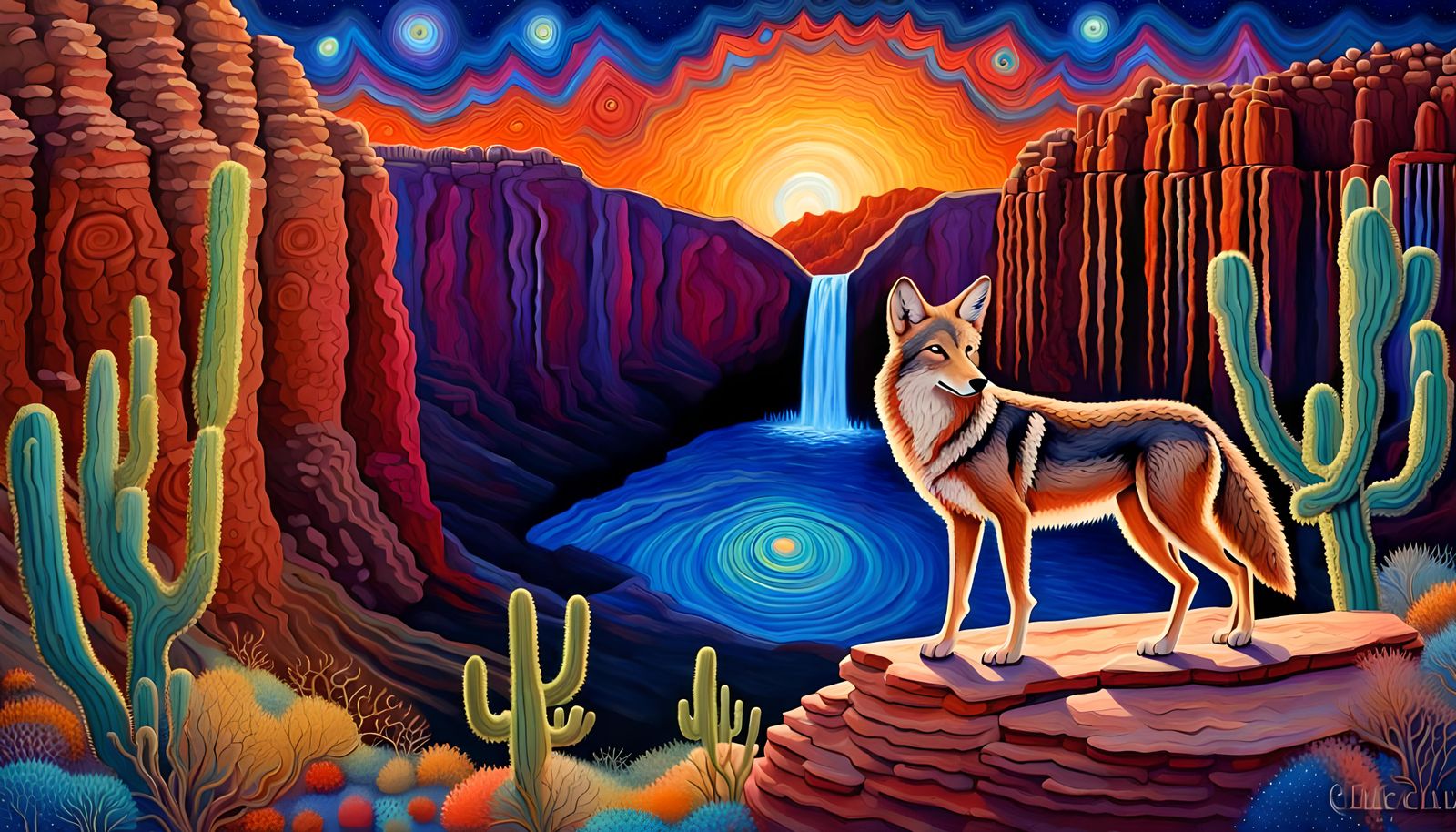 Coyote Overlooking Havasupai Waterfall as Impasto Painting
