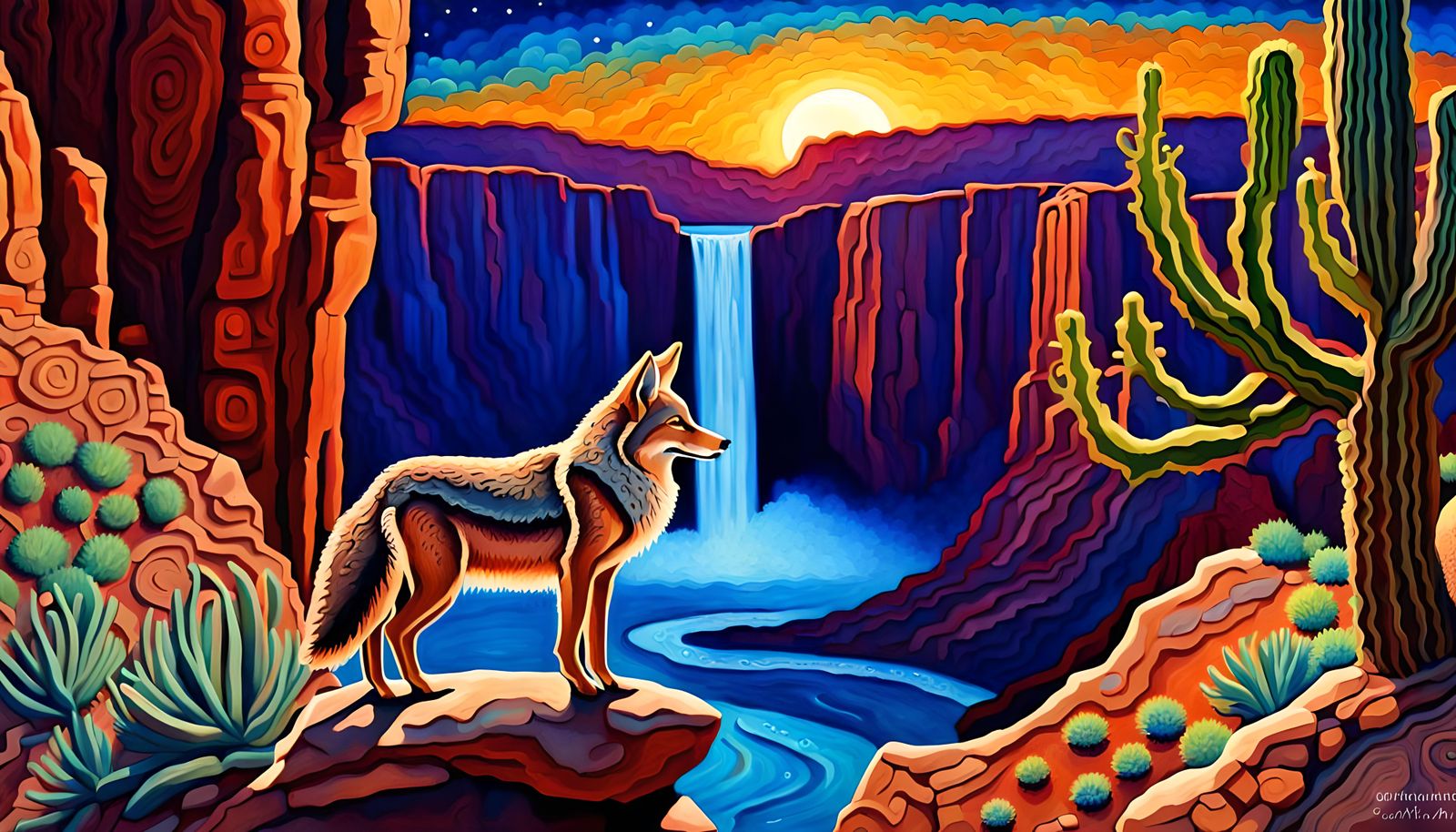 Coyote at Magical Havasupai Falls: Impasto Illustration