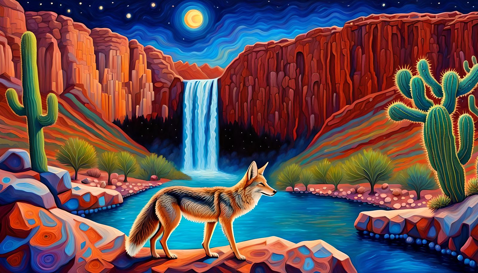 Coyote at Multicolored Canyon Waterfall: Impasto Illustratio...