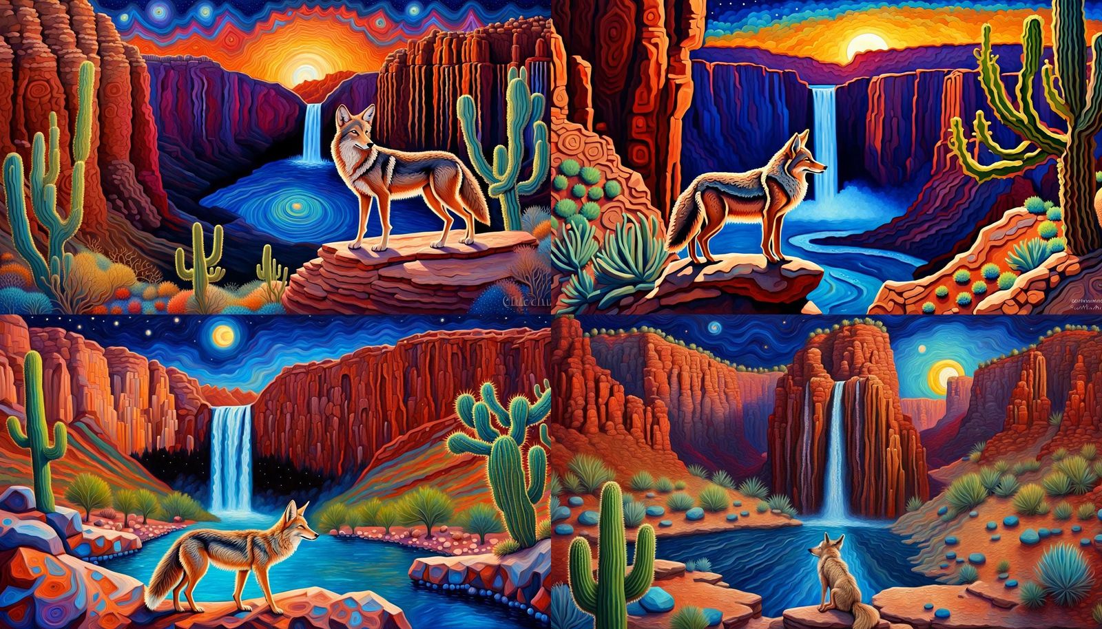 Coyote Overlooking Havasupai Falls: Impasto Illustration