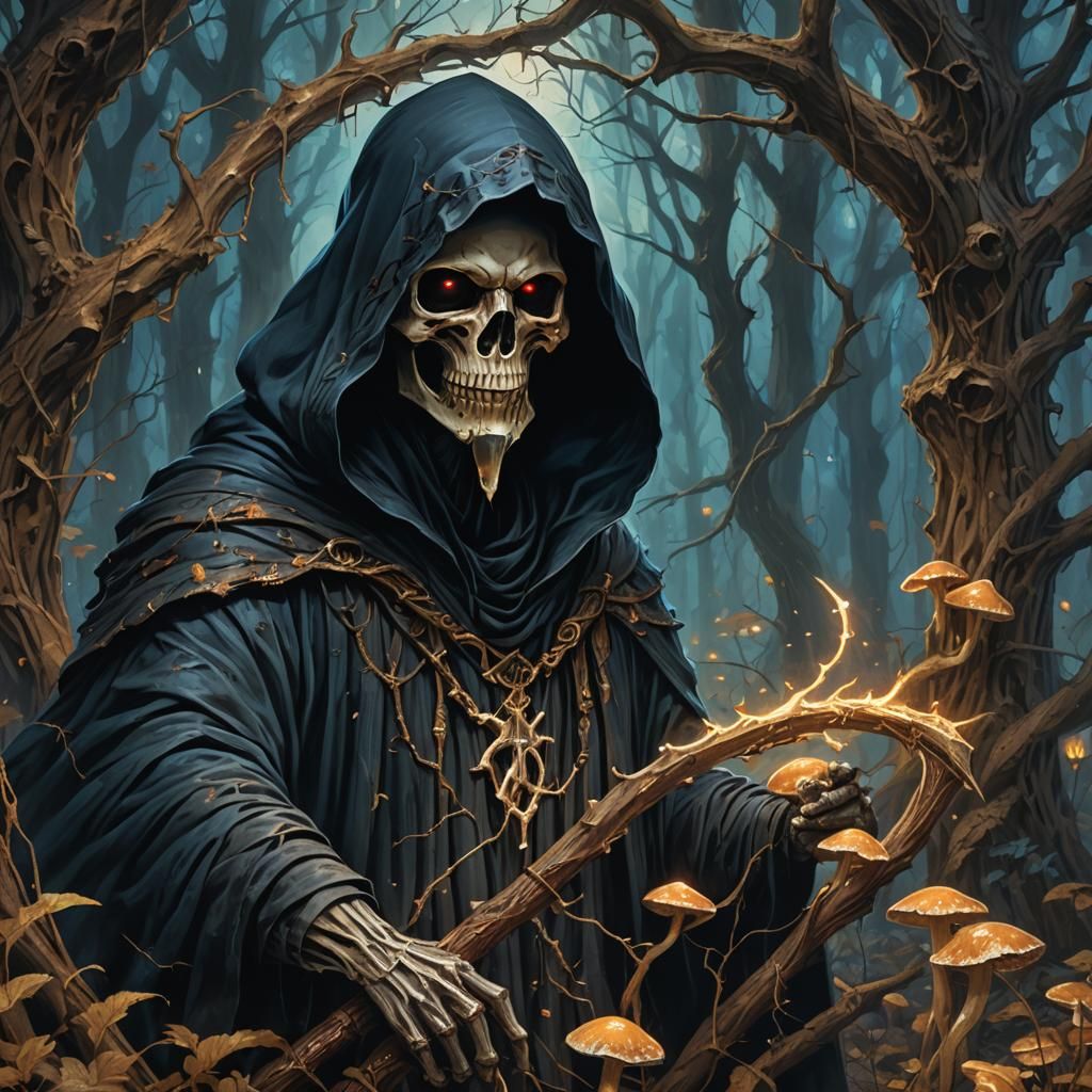 Hooded Grim Reaper Portrait in Mystical Forest