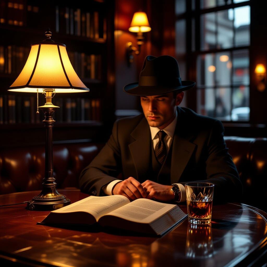 Solitary Figure Contemplates Book at Dimly Lit Bar