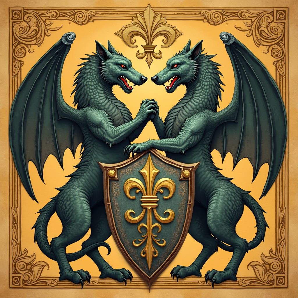 Regal Coat of Arms with Wolf and Dragon, Fleur de Lis and Me...