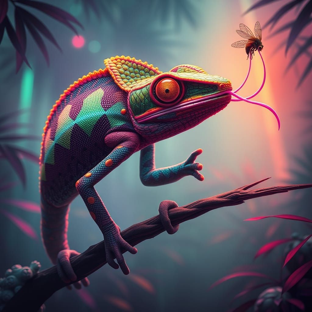 Mutant Chameleon Captures Fly in Cyberpunk Dreamscape