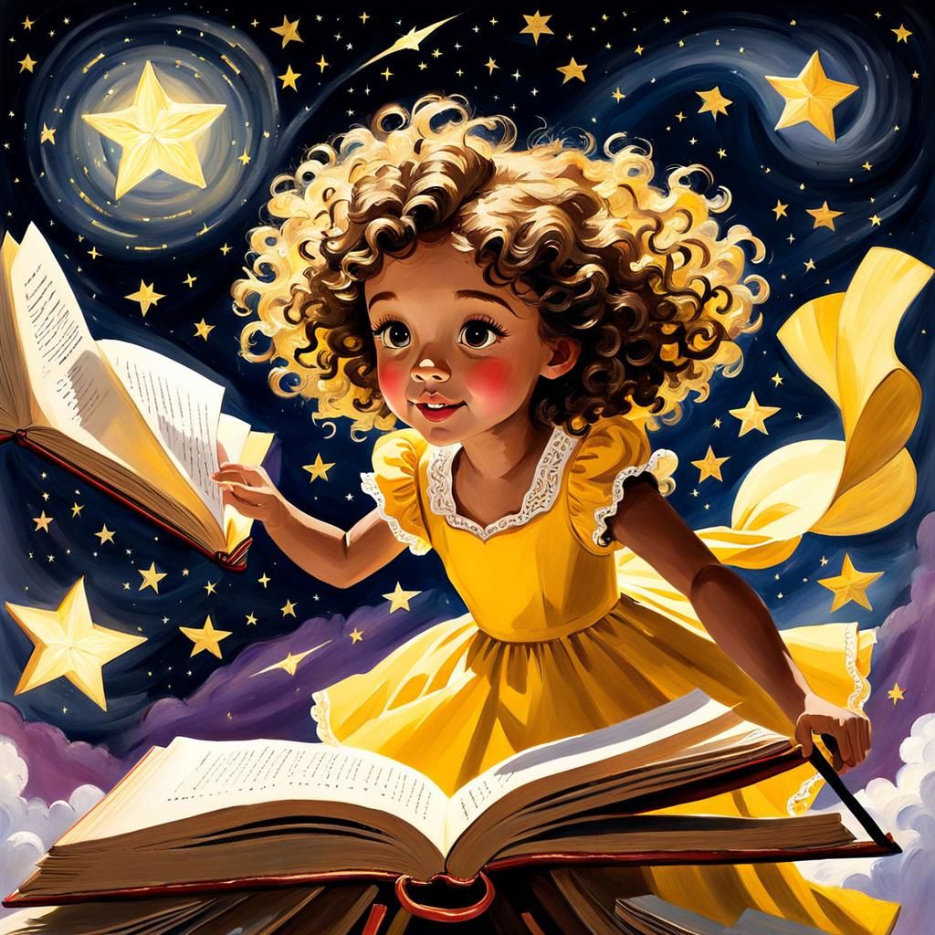 Girl Flies on Book in Gouache Impressionist Style